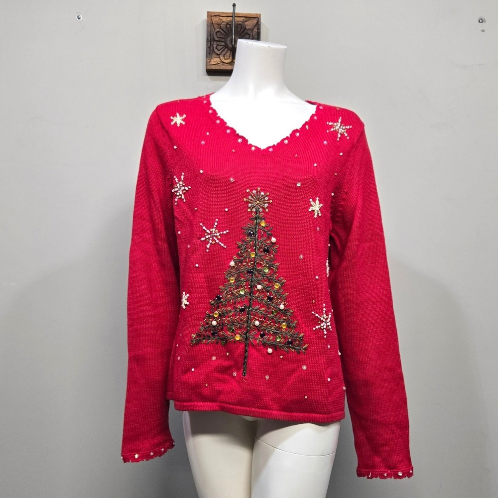 Vintage Tiara International Christmas Sweater Womens Large Red Embellished Tree